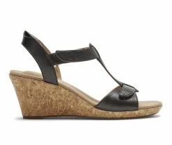 Discount ⌛ Women's Rockport Blanca T-Strap Wedge 🩴 Sandals Black 👍