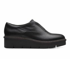 New 🌟 Women's Clarks Airabell Sky Wedge Clogs Black Leather 🛒