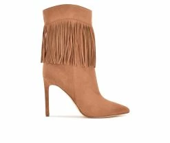 Promo 👏 Women's Nine West Tries Heeled Fringe Booties Cognac Suede ⭐
